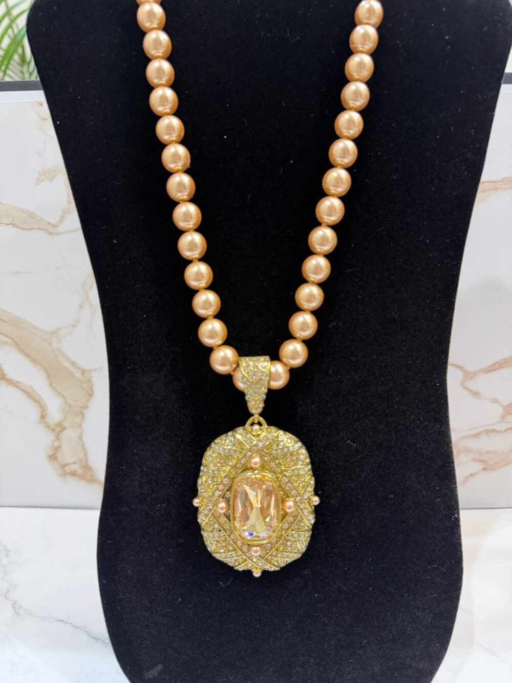 Heidi Daus Art Deco Portrait Cameo Crystal Pendant Pearl Statement Necklace